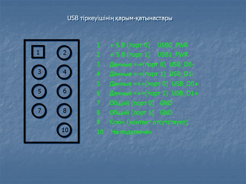 USB тіркеуішінің қарым-қатынастары 1     + 5 В (порт 0) 